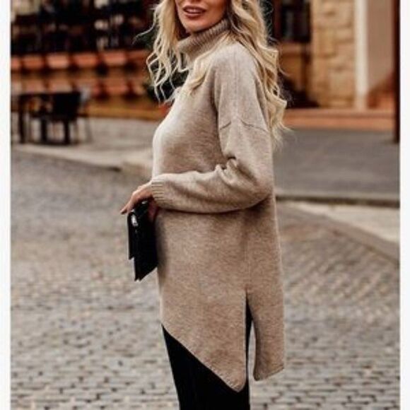 New Turtleneck Asymmetric Hem Oversized Knit Sweater In Light Khaki - Picture 1 of 4